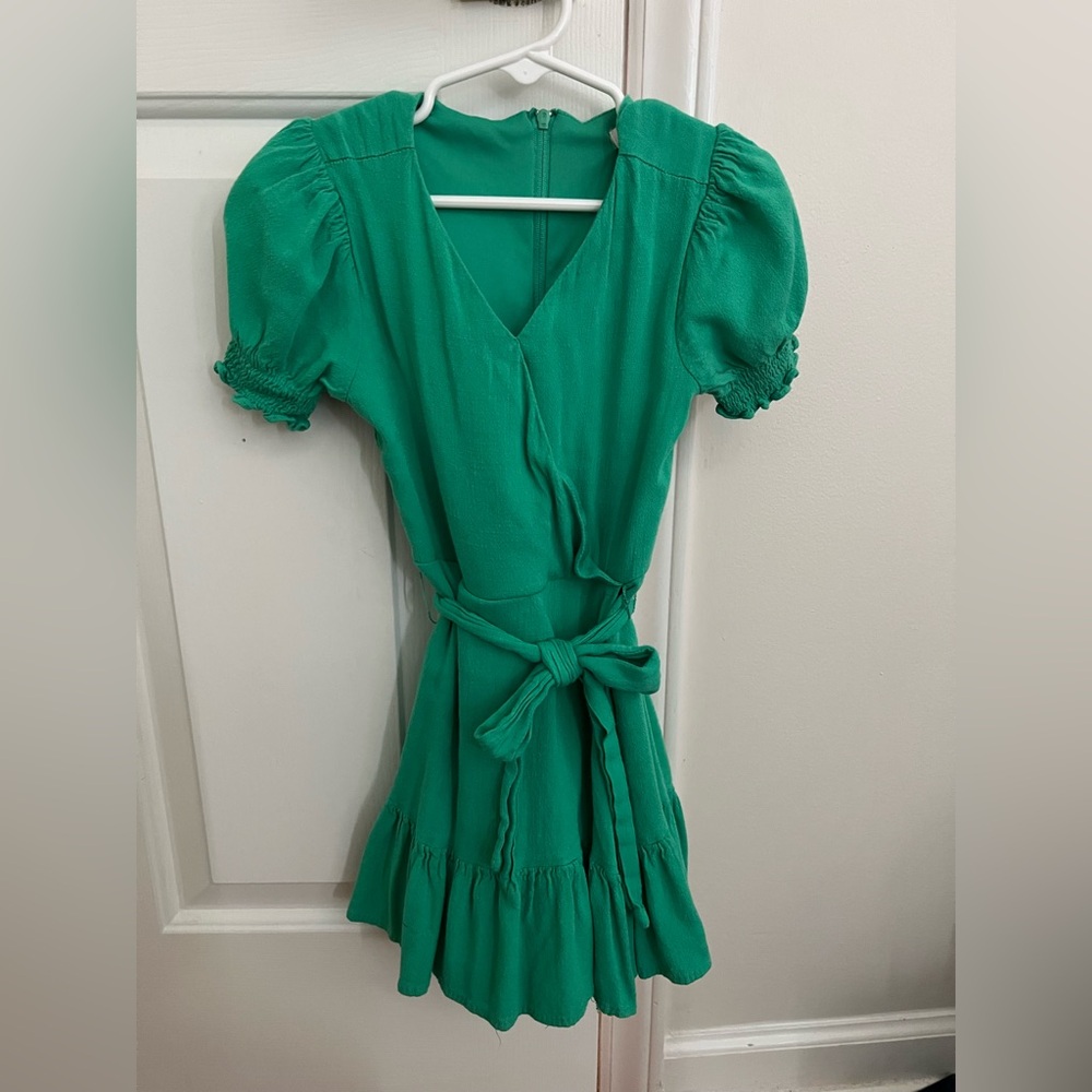 GB girls Green Faux Wrap Dress with Puff Sleeves